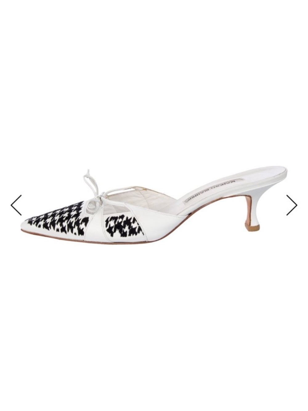Manolo Blahnik White & Black Houndstooth Pointed-Toe Mule Heels